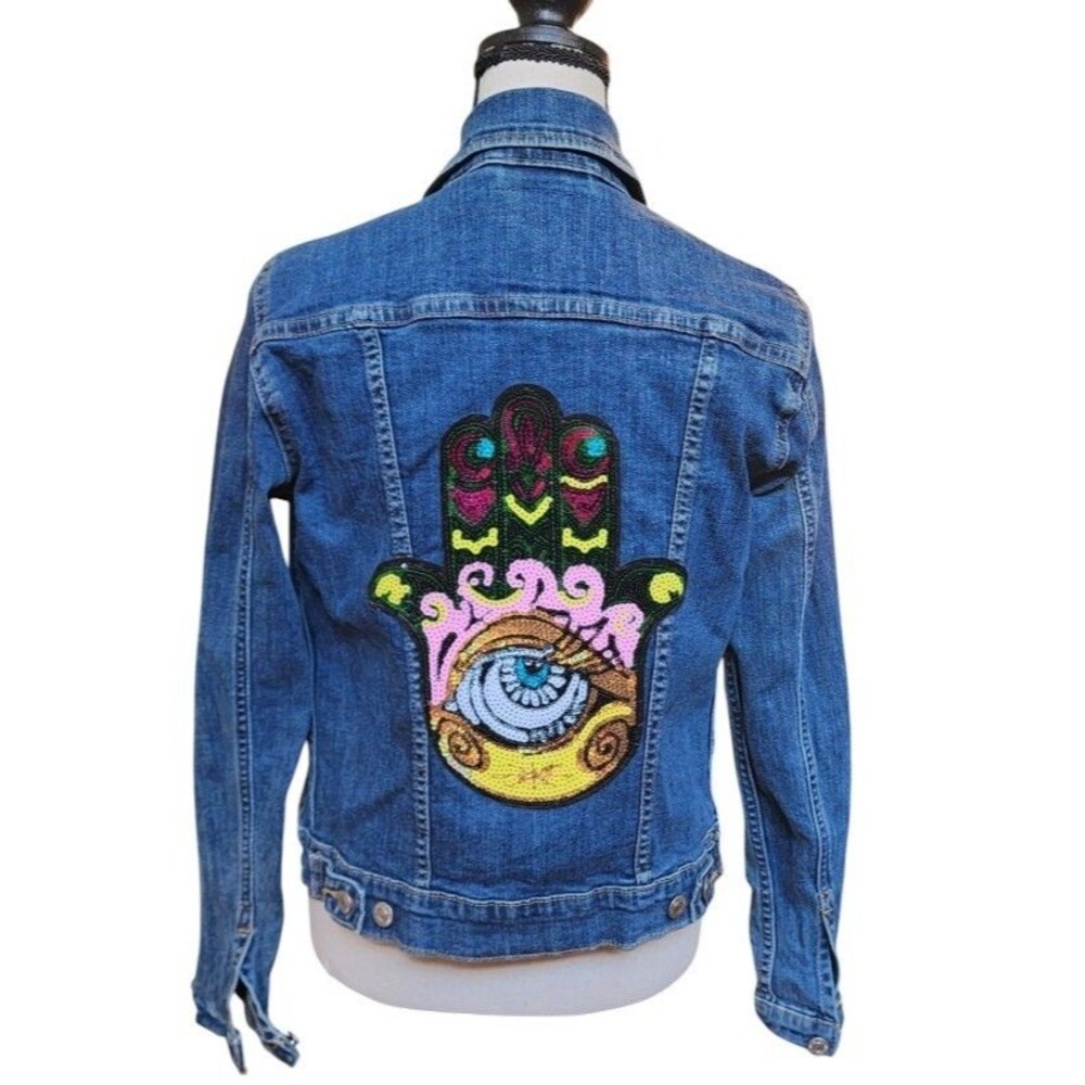 Levis Jean Jacket Sequin Hamsa Size Small Boho Hand Of Fatima